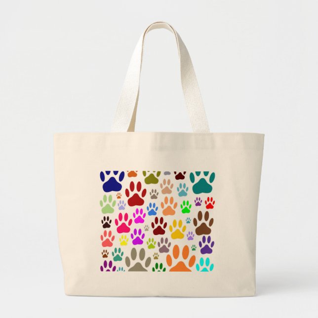 Colorful Dog Paw Prints All Over Large Tote Bag (Front)