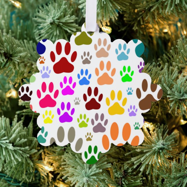 Colorful Dog Paw Prints All Over Ornament Card (Insitu (Tree))