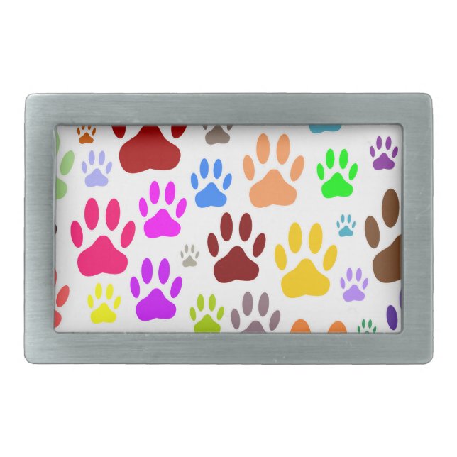 Colorful Dog Paw Prints All Over Rectangular Belt Buckle (Front)