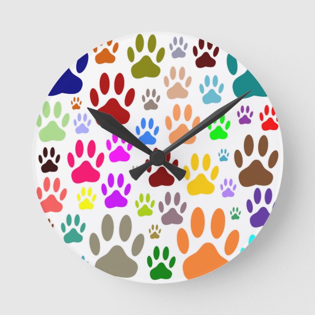 Colorful Dog Paw Prints All Over Round Clock (Front)
