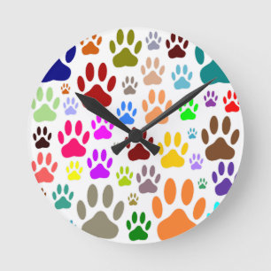 Colorful Dog Paw Prints All Over Round Clock