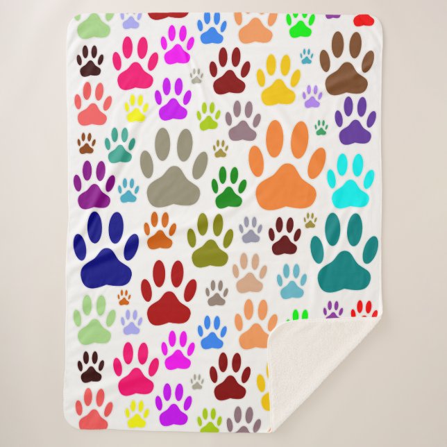 Colorful Dog Paw Prints All Over Sherpa Blanket (Front)