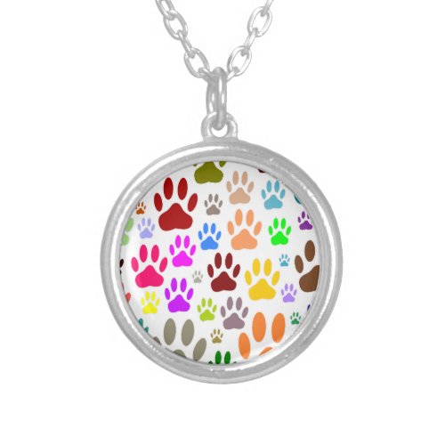 Colorful Dog Paw Prints All Over Silver Plated Necklace