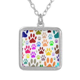 Colorful Dog Paw Prints All Over Silver Plated Necklace