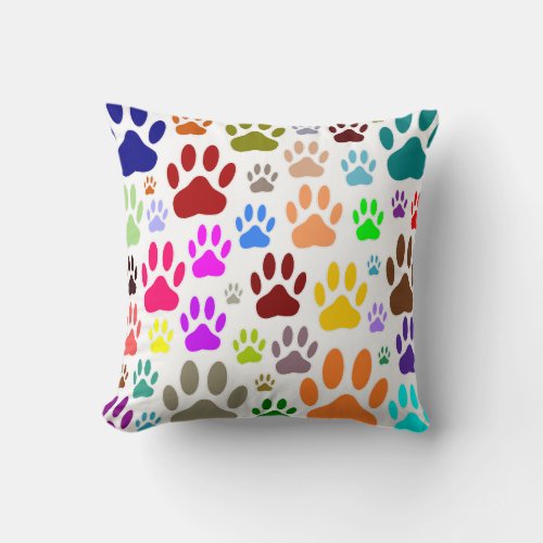 Colorful Dog Paw Prints All Over Throw Pillow