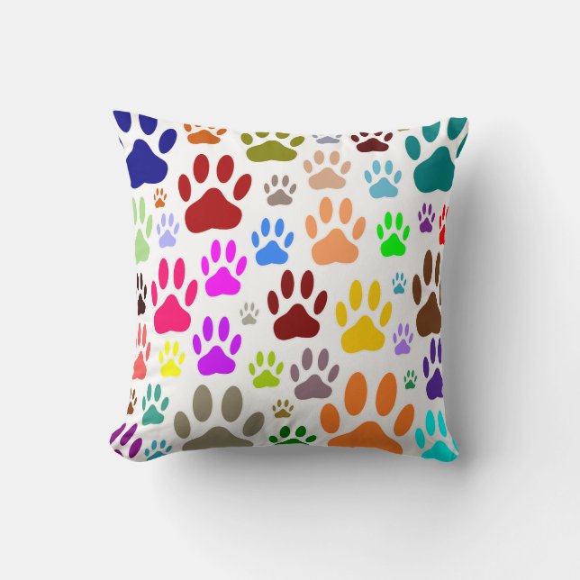 Colorful Dog Paw Prints All Over Throw Pillow (Front)