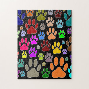 Colorful Dog Paw Prints On Black Jigsaw Puzzle