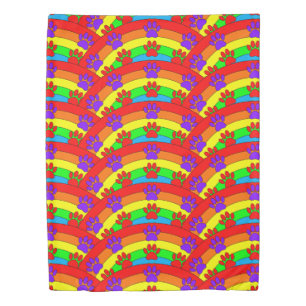 Colorful Dog Paw Prints On Rainbow Background Duvet Cover
