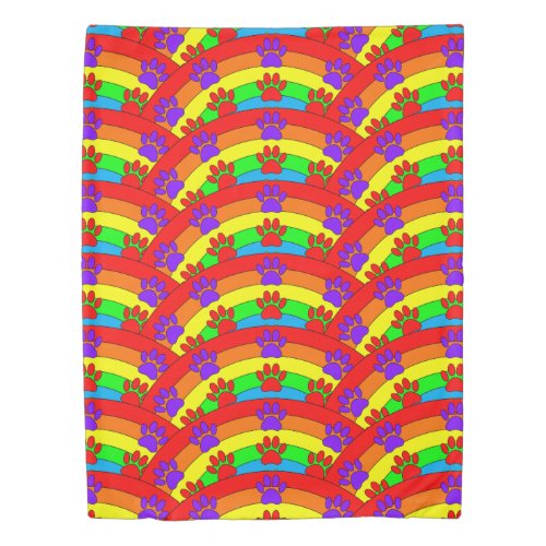 Colorful Dog Paw Prints On Rainbow Background Duvet Cover