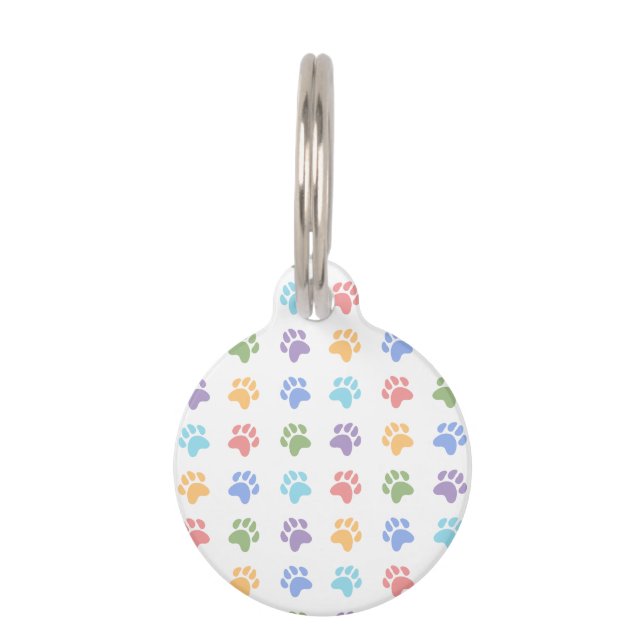 Colorful Dog Paw Prints Pattern Pastel Paws Pet ID Tag (Front)