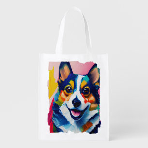Colorful Dog Portrait - Corgi Painting Grocery Bag