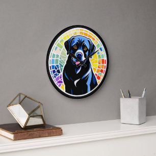 Colorful Dog Portrait in Rainbow Mosaic Circle Large Clock