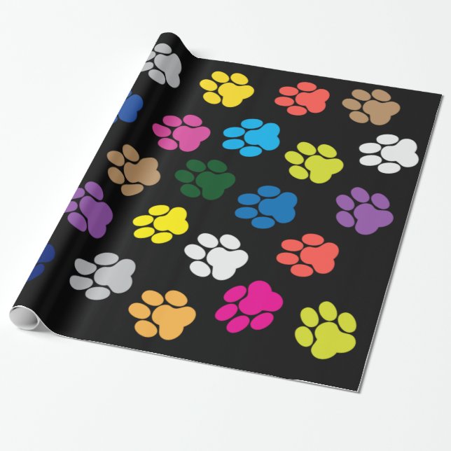 Colorful Dog Puppy Paws Wrapping Paper (Unrolled)