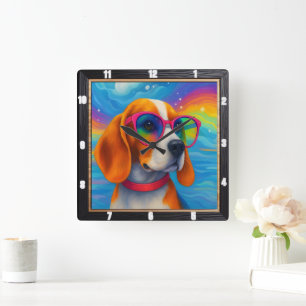 Colorful Dog Sunglasses Pop Art Square Wall Clock