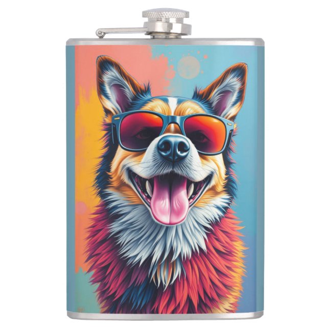 Colorful Dog with Sunglasses Flask (Front)