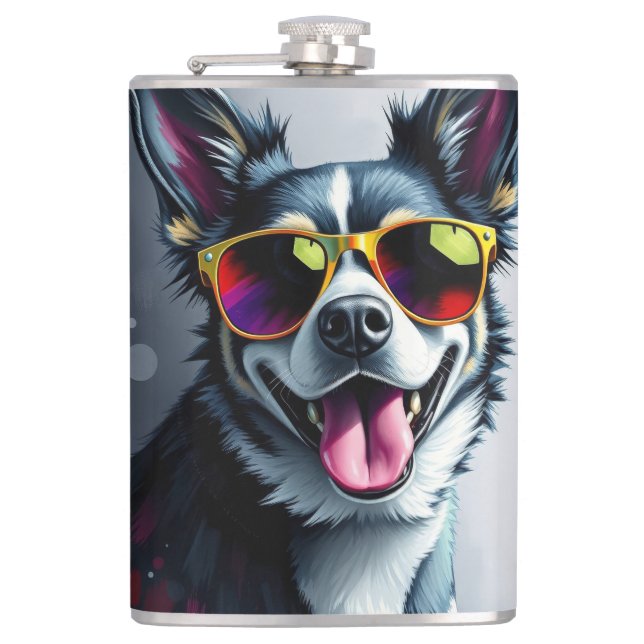 Colorful Dog with Sunglasses Flask (Front)