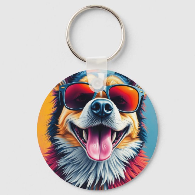 Colorful Dog with Sunglasses Keychain (Front)