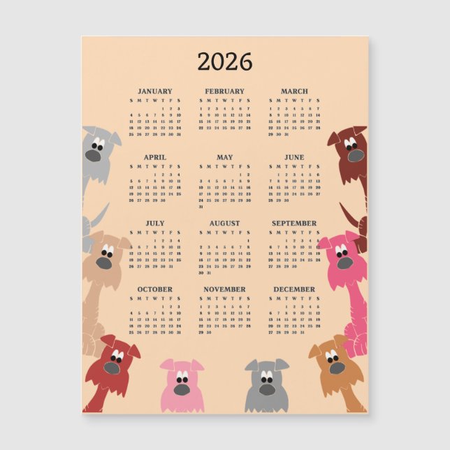 Colorful Dogs 2026 Calendar Magnetic Card (Front)
