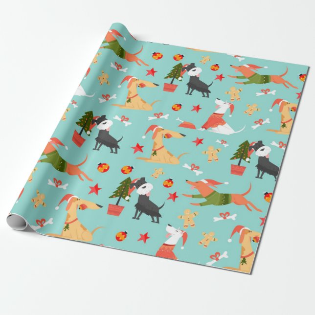 Colorful Dogs Christmas Pattern Wrapping Paper (Unrolled)