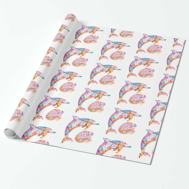 Colorful Dolphin and Wave Print Wrapping Paper (Unrolled)