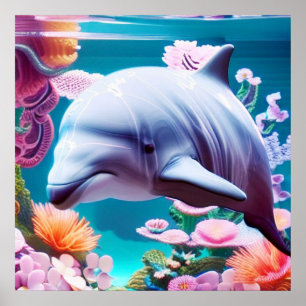 Colorful Dolphin in a Floral Ocean - Ocean Lover Poster