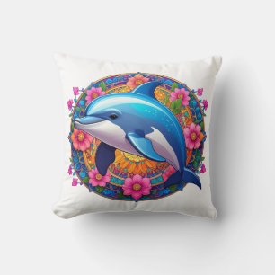 Colorful Dolphin Mandala Art Throw Pillow
