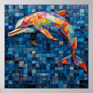 Colorful Dolphin Mosaic Ocean Wave Art  🐬🎨🌊✨🌈 Poster