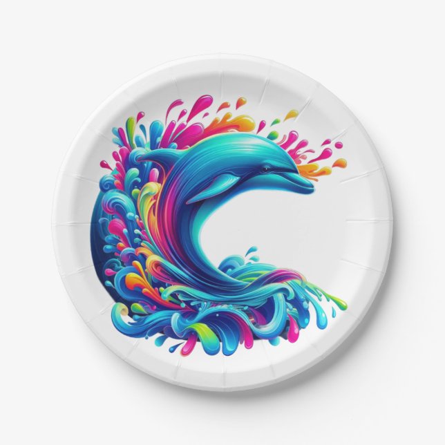 Colorful Dolphin Splash Paper Plates (Front)