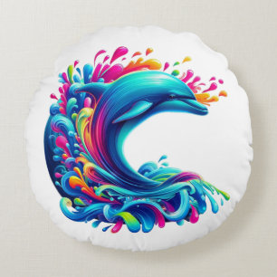 Colorful Dolphin Splash Round Pillow