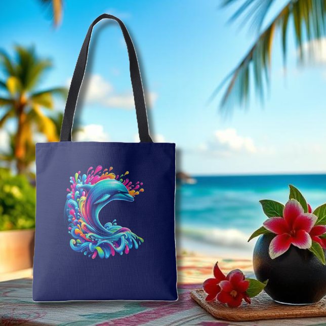 Colorful Dolphin Splash Tote Bag (Dolphin-Colorful-Beach Tote-Summer Tote- Pool Tote-Blue)