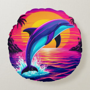 Colorful Dolphin Vibrant Tropical Sunset Round Pillow