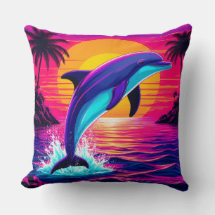 Colorful Dolphin Vibrant Tropical Sunset Throw Pillow