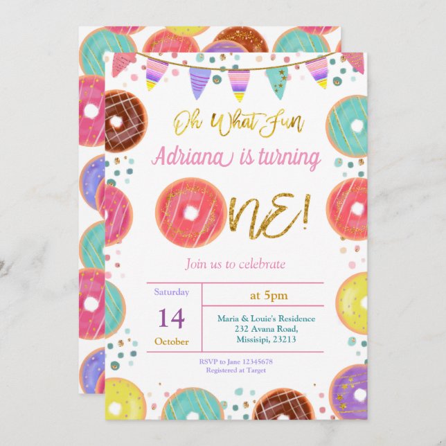 COLORFUL Donut First Birthday Invitation (Front/Back)