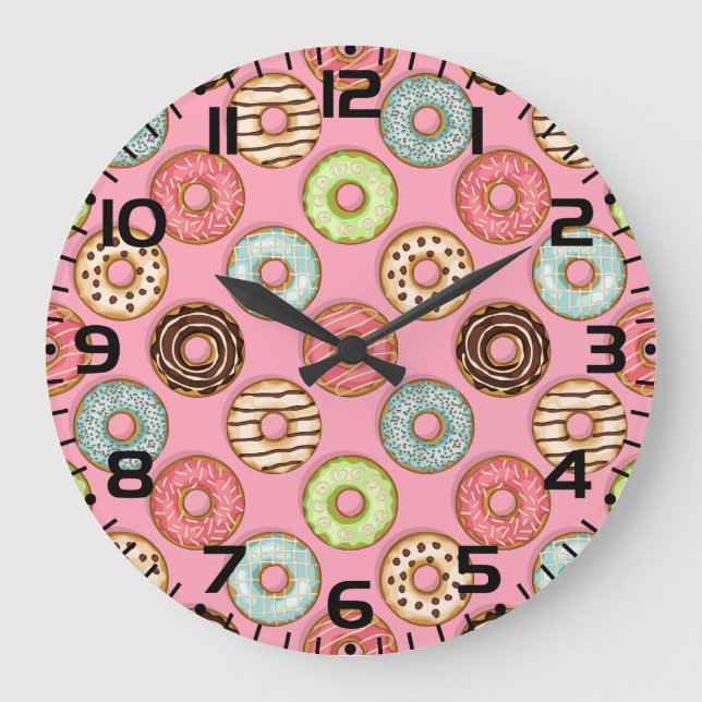 Colorful Donut Pattern Cute Sweet Treats Large Clock (Front)