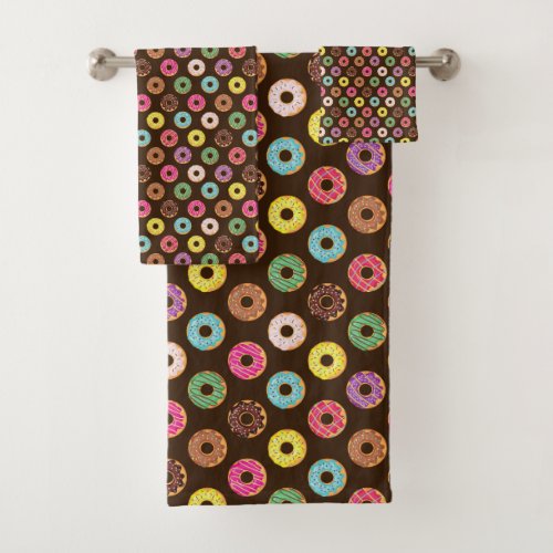 Colorful Donut Pattern In Chocolate Bath Towel Set