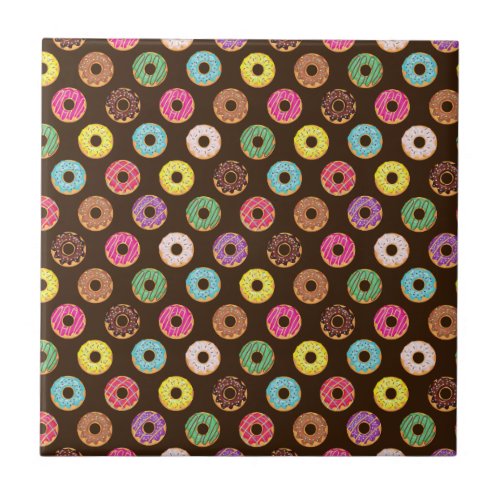 Colorful Donut Pattern In Chocolate Ceramic Tile