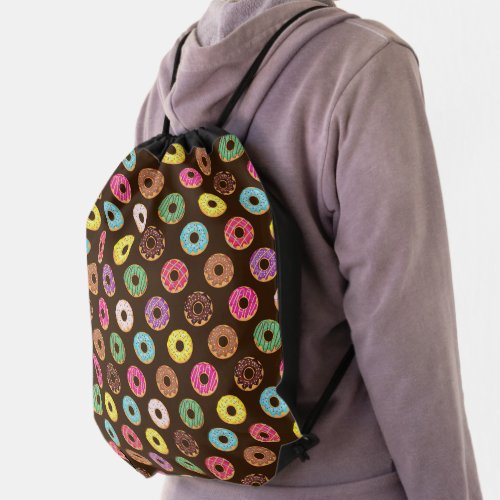 Colorful Donut Pattern In Chocolate Drawstring Bag
