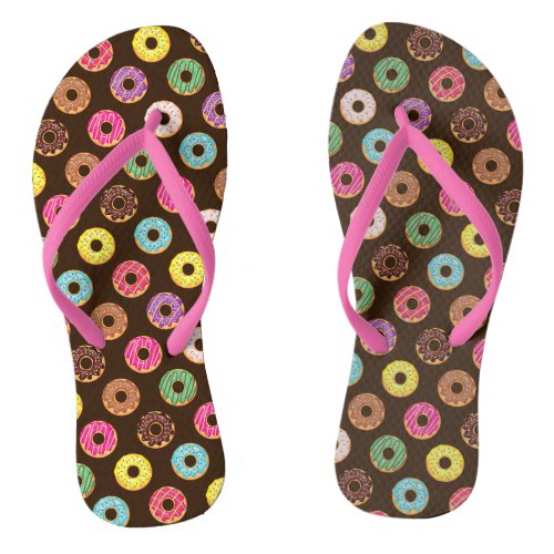 Colorful Donut Pattern In Chocolate Flip Flops