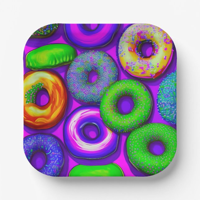 Colorful Donuts Purple  Paper Plates (Front)