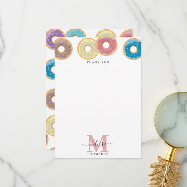 Colorful Donuts & Sprinkles Monogram Thank You Card (Front/Back In Situ)