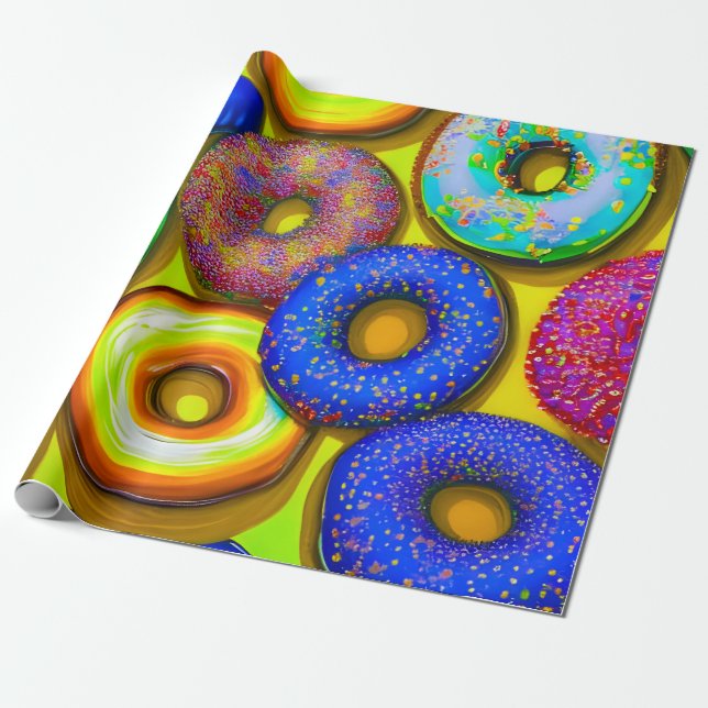 Colorful Donuts Yellow Wrapping Paper (Unrolled)