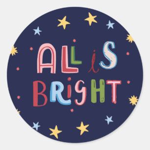 Colorful Doodle All is Bright Christmas Card Classic Round Sticker