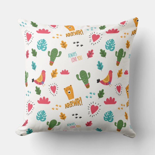 Colorful Doodle Animals And Words Pattern Throw Pillow (Front)