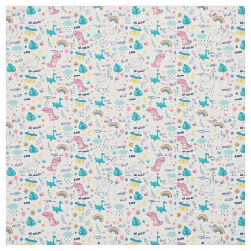 Colorful Doodle Animals with Words Seamless Fabric