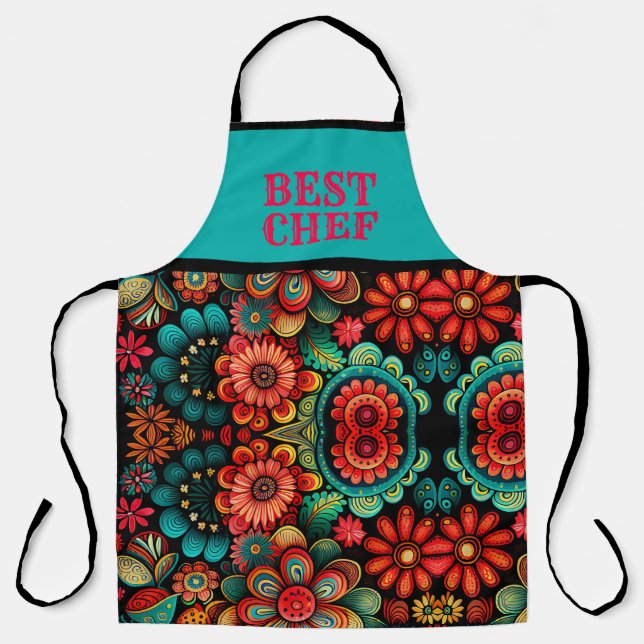 COLORFUL DOODLE ART OF FLOWERS "BEST CHEF"  APRON (Front)