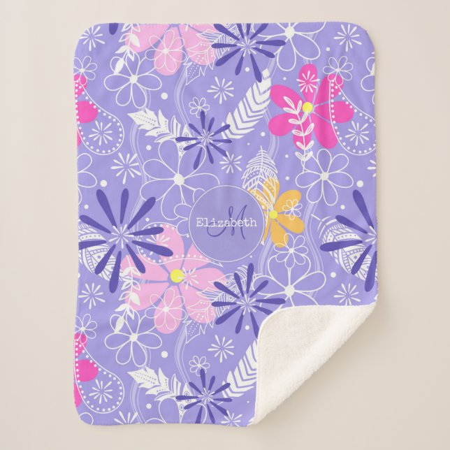 colorful doodle floral boho feathers paislies sherpa blanket (Front)
