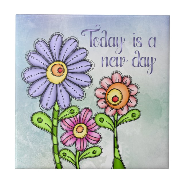 Colorful Doodle Flower Trio Ceramic Tile (Front)