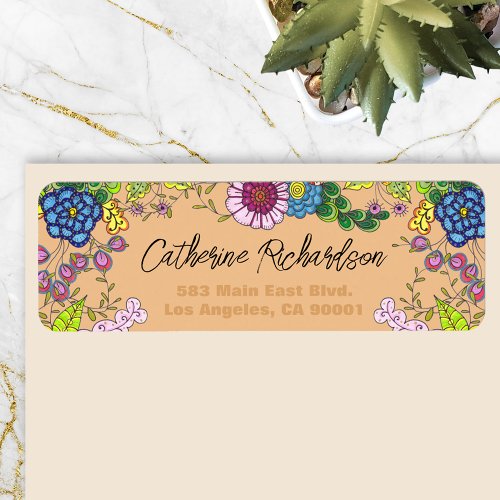 Colorful Doodle Flowers Custom Return Address Label