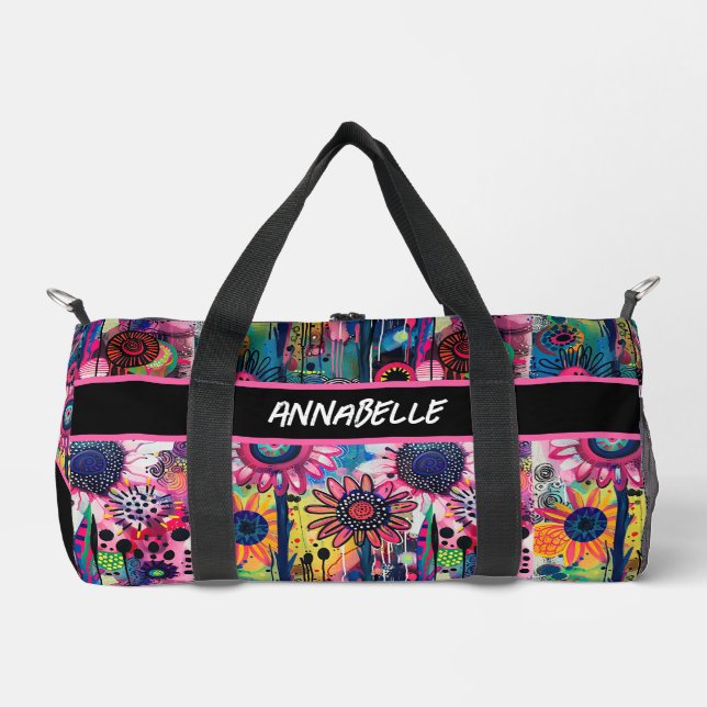  Colorful Doodle Flowers Print Duffle Bag (Front)