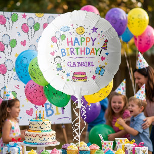 Colorful Doodle Happy Birthday Custom Name Kids Balloon